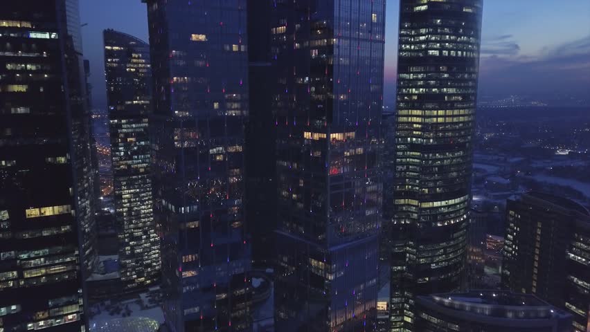 Aerial Night Metropolis Skyscrapers Glass towers of Moscow City Business Center Royalty-Free Stock Footage #1021345492