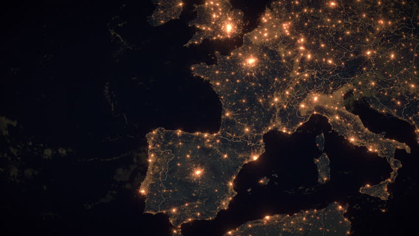 Zoom to France. The Night View of City Lights. World Zoom Into France - Planet Earth. Political Borders of European Countries: Spain, Germany, Italy, Poland. The Biggest Cities: Paris, Marseille, Lyon