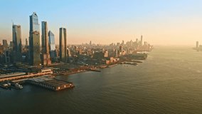 Aerial drone footage of New York skyline with camera rotation in front of midtown Manhattan skyscrapers