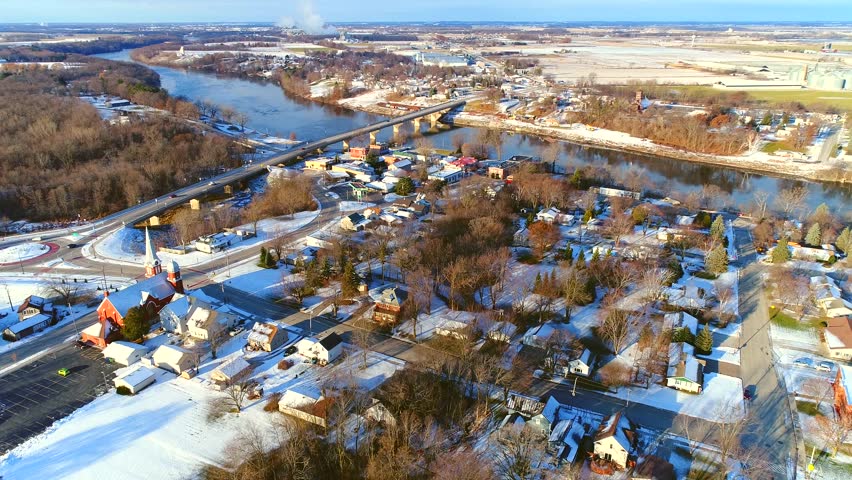 Scenic small town America, Wrightstown Wisconsin in Winter, aerial view.

