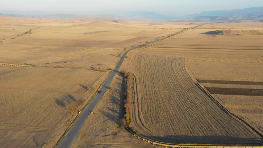Old road near Gori, Georgia country. Autumn. car is going to the road. lonely standing tree. Fields in autumn colors