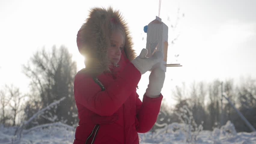 Pretty cute girl at winter park with bird feeder. Bird feeder on tree, winter vacation and holidays concept, children outdoor activities.