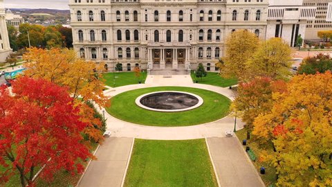 We elevate up to a high aerial view of the Albany New York State House