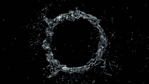 Water circle looping with reflections on black background, Water Splash Spinning flow, Liquid Wave shape from crystal nature water and bubble drop. Alpha matte, slow motion, rapid, seamless loop, cg.