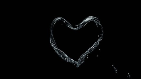 Water Splash Flow of Liquid Shape Crystal Clean Nature Shape of Heart, Wave splashes, Valentines day, Health Day, 3d slow motion animation, Alpha channel mask and isolated color key mask for elements