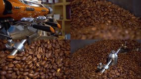 Collage of various video clips covering the topic of coffee. Split screen montage wall. Coffee bean roasting. Split screen. Making coffee. Grain cooling process. Brown color.