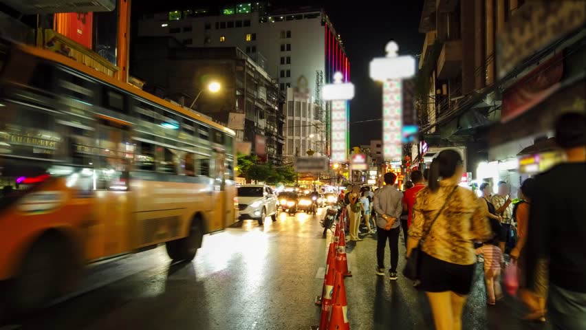 CHINA TOWN Bangkok Thailand Timelapse Night Life. Street Food Shopping Area, Trademarks removed Yaowarat Road in December 2018.  Royalty-Free Stock Footage #1021387498