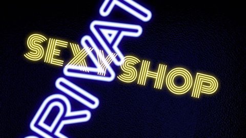 Many neon signs with text (Girls, Live Show, Nude, Topless, Open, Peep, Private, Sexy, Strip Club, XXX) coming to the viewer with a rotation, with a frosted glass surface as a background.
