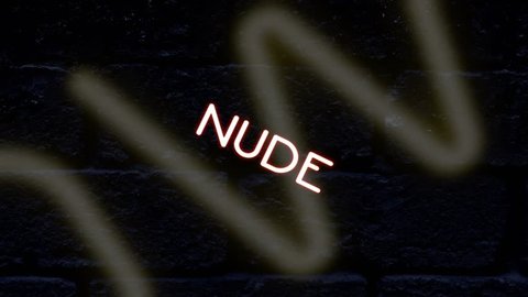 Many neon signs with text (Girls, Live Show, Nude, Topless, Open, Peep, Private, Sexy, Strip Club, XXX) coming to the viewer with a rotation, with a brick wall surface as a background.

