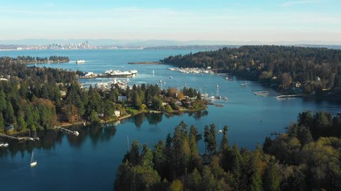 Pacific Northwest, Washington Bainbridge Island, Aerial View of Winslow Harbor Mount Rainier and Seattle