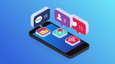 Social networks icons on the phone. Isometric projection. Animated footage