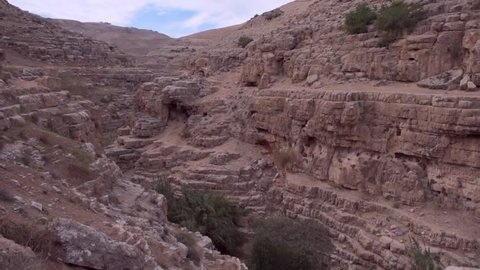 Prat River in Israel. Wadi Qelt valley in the West Bank, originating near Jerusalem and running into the Jordan River near Jericho and the Dead Sea. Nahal Prat, in Judaean Desert.