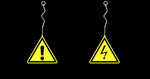 Warning signs.high voltage sign.exclamation sign,mark,danger electricity sign,attention sign,sign lightning electricity,hazard sign,3d hanging, swinging symbol with luma matte channel. 4k