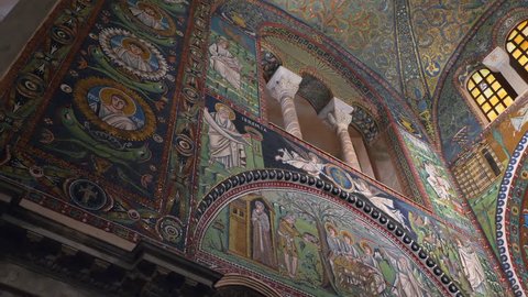 Ravenna, Italy - 01.12.2018: Interior early christian church of St Vitale with famous byzantine mosaics.