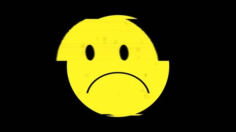 A smiley icon representing a sad yellow face, but with a heavy digital distortion glitch effect. Disquieting, unsettling symbol. Regular size.
