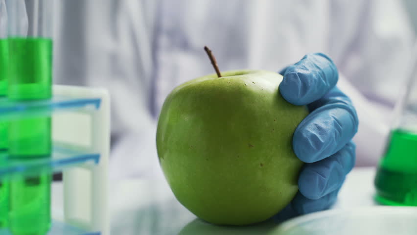Bio scientist in gloves injects green solution or substance in genetically modified green apple in the laboratory Royalty-Free Stock Footage #1021451824