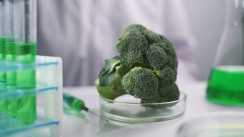 Lab worker injecting pesticide liquid in broccoli analyzing gmo food, experiment