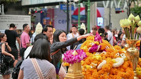 Bangkok, Thailand - November 23, 2018 : People come to respect and wish at Erawan Shrine
