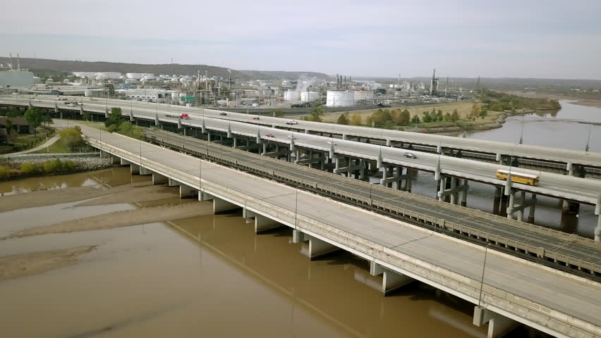 Aerial Traffic on Bridge Spanning River