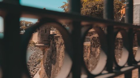 Cinematic slow motion dolly shot of "La Garita" of "el Viejo San Juan", in Puerto Rico