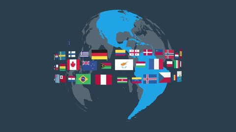 Blue Animated Rotary Earth Globe Flat Design With Countries Flags 4K Footage