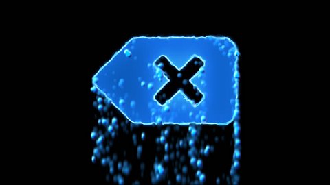 Liquid symbol backspace appears with water droplets. Then dissolves with drops of water. Alpha channel black