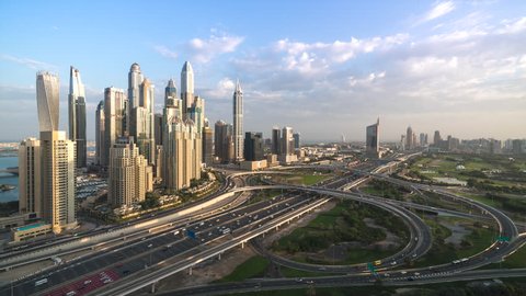 4K Timelapse - Aerial view of cityscape and skyline at sunrise in Marina.Dubai.UAE