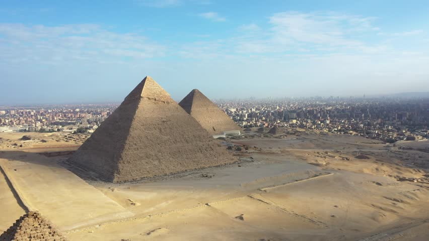 aerial view of giza pyramids landscape. historical egypt pyramids shot by drone. Royalty-Free Stock Footage #1021470463