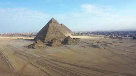 aerial view of giza pyramids landscape. historical egypt pyramids shot by drone.