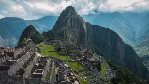 Ruins of the ancient Inca City of Machu Picchu with Huayna Picchu in the background