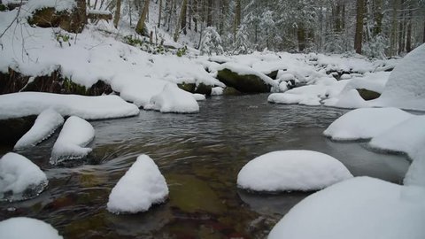 Winter Mountain Stream. Forest Stream. Mountain River. Beauty in nature.Winter Landscape. A small mountain stream in the winter. Snowy Creek