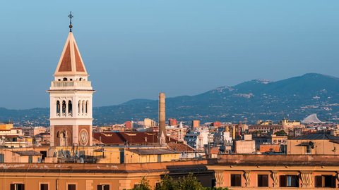 Timelapse, time lapse of Historic Italian town of Rome, Italy cityscape skyline with high angle view of colorful architecture old buildings tower during sunset evening night