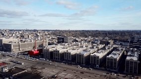 Aerial drone footage video from SunSet Park and Red Hook in Brooklyn with industrial city and parking