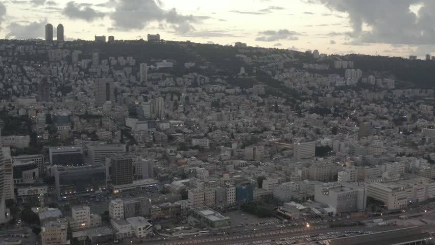 Bahai gardens in Haifa panoramic 4k aerial footage ungraded flat