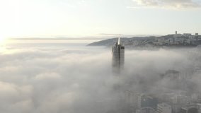 Sunset over Haifa in mist, 4k aerial drone footage ungraded/flat