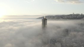 Sunset over Haifa in mist, 4k aerial drone footage ungraded/flat