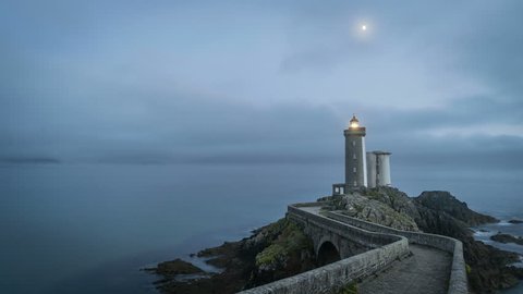 Timelapse of dusk after sunset in Petit minou lighthouse in Brittany, France