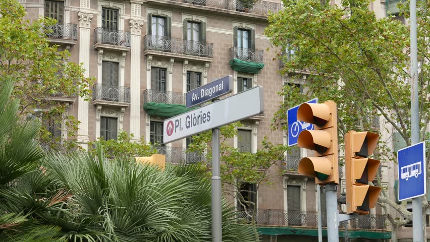 Barcelona Av Diagonal and Pl Glories road signs. Spanish architecture details close up.