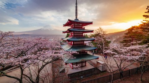 4K Sunset Timelapse Of Mount Fuji From Chureito Pagoda Of Arakura Sengen Shrine, Japan cherry blossoms. ProRes 422 in 4k