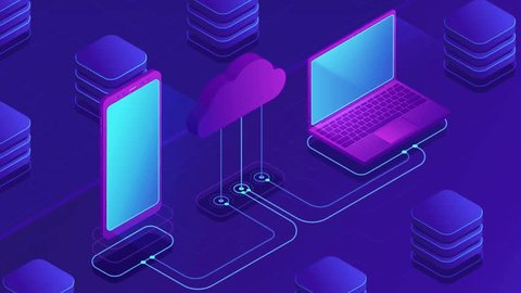 Isometric cloud storage loopable concept. Synchronization backend cloud data storage with laptop, smartphone on ultraviolet background. Upload download data transfer. 4K seamless loop video footage.