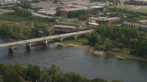 South Carolina Columbia Aerial Birdseye view of Congaree River panning to cityscape 10/17