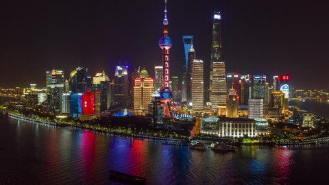 China Shanghai Aerial v53 Hyperlapse at night, panning around landmark, financial district 10/18