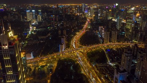 China Shanghai Aerial v52 Hyperlapse at night, high birdseye view of freeway intersection 10/18