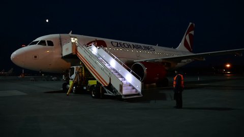 Ufa, Russia - APR 16: Czech Airlines passenger aircraft on the platform of the night airport. Close-UpApril 24, 2016 in Ufa, Russia
