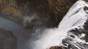 Aerial video of Skogafoss waterfall (located in the south part of Iceland)