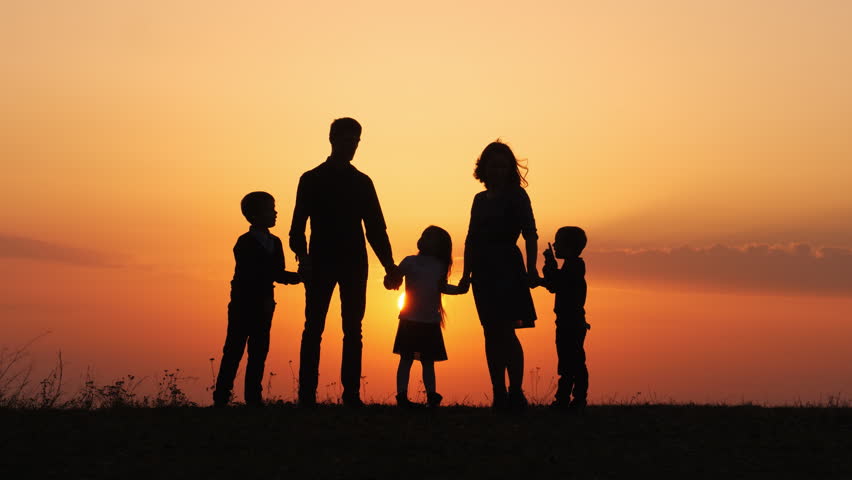 silhouettes happy family holding hands meadow Stock Footage Video (100% ...