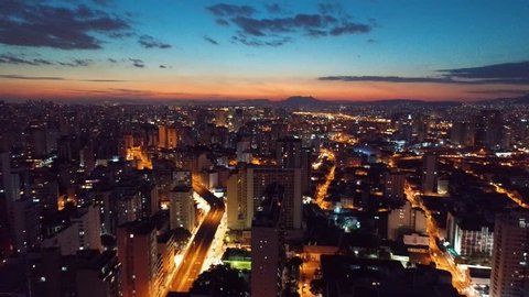 Cityscape skyline. Aerial view of sunset skyline Sao Paulo city, Brazil. Sunset scene. City landscape. Business city. Business travel. Colorful sunset. Colored sky. Dusk skyline. Sunset city skyline.
