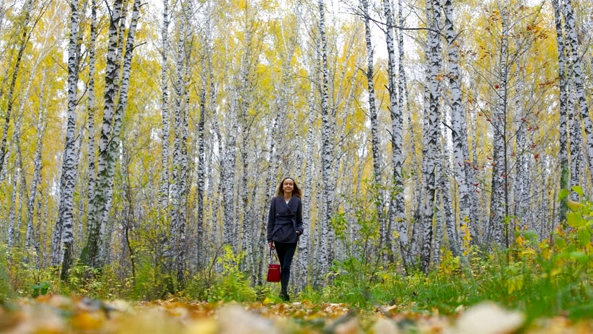 young blond long haired slim lady in black with red handbag walks among pictorial golden birches in park