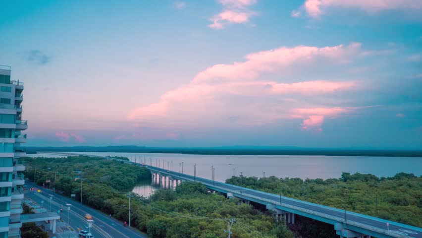 Evening Timelapse in La Boquilla Just Outside Cartagena Overlooking Highway 90A, Which Connects Barranquilla And Cartagena in Colombia (Two of the most important coastal cities in the country)