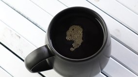 Coffee drink in a mug on a white board.